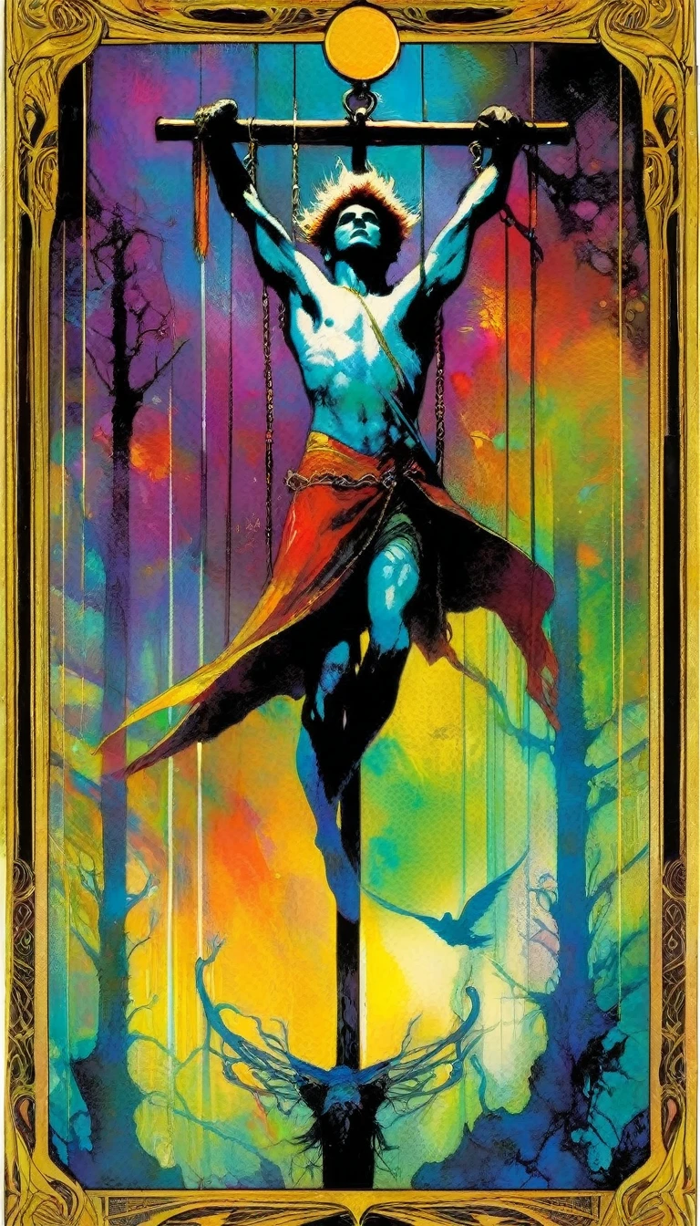 ((tarot card)) THE HANGED MAN ((card frame)), work by Bill Sienkiewicz, vivid colors, intricate details, oil.
