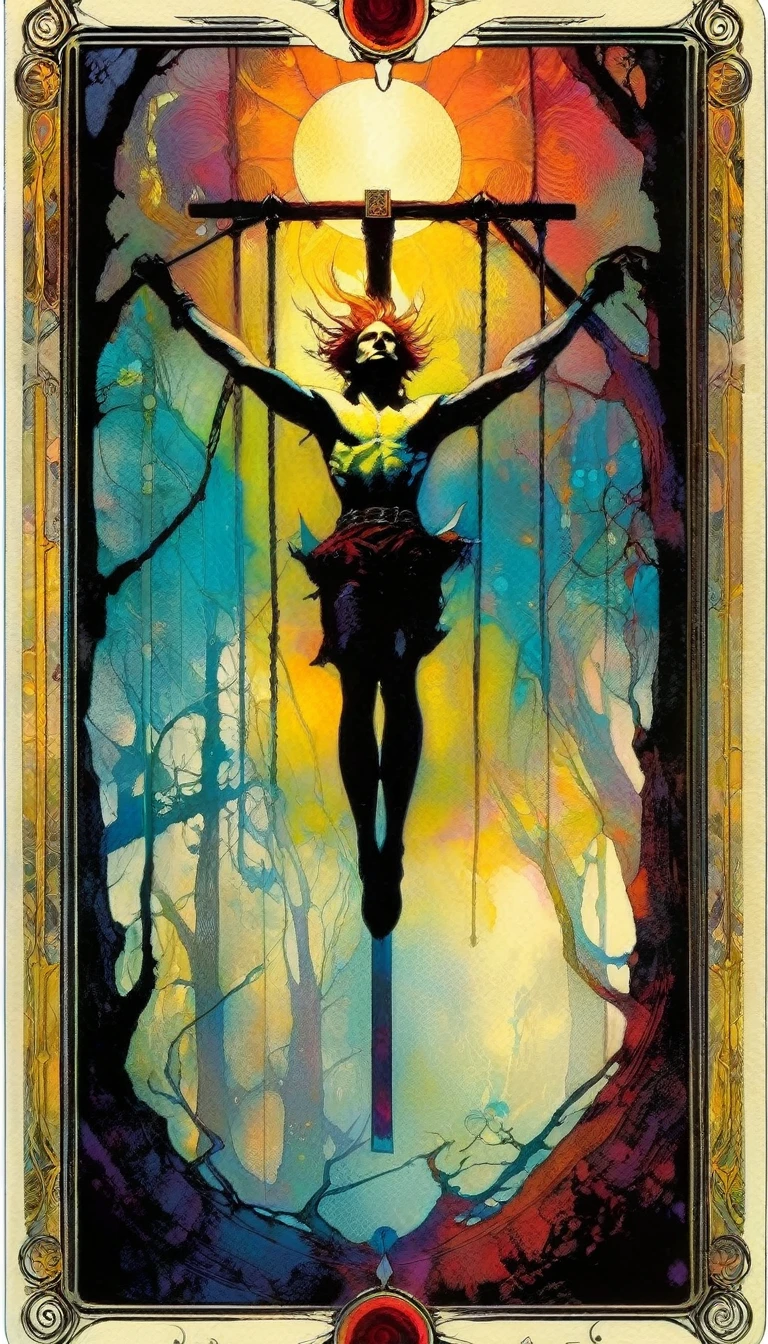 ((tarot card)) THE HANGED MAN ((card frame)), work by Bill Sienkiewicz, vivid colors, intricate details, oil.