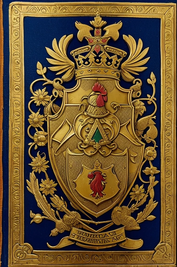 A shield of a royal family with four divisions on it, the first must go an ancient shark, in the second there must be a sword and a heart, in the third there must be a rooster, in the room a lot of gold, and above them a royal crown 