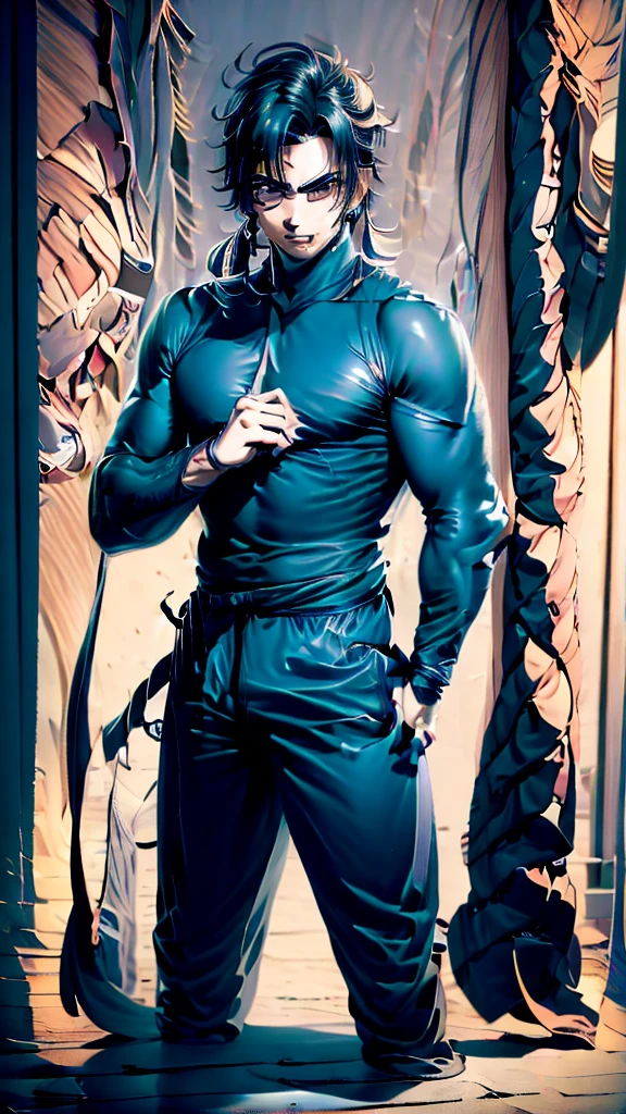 male character, dark brown skin tone, Medium long hair, wild wavy, little muscled body, toned, dark brown eyes, average height 170 centimeters, with a basketball uniform in shades of blue and red, with a basketball, dunking