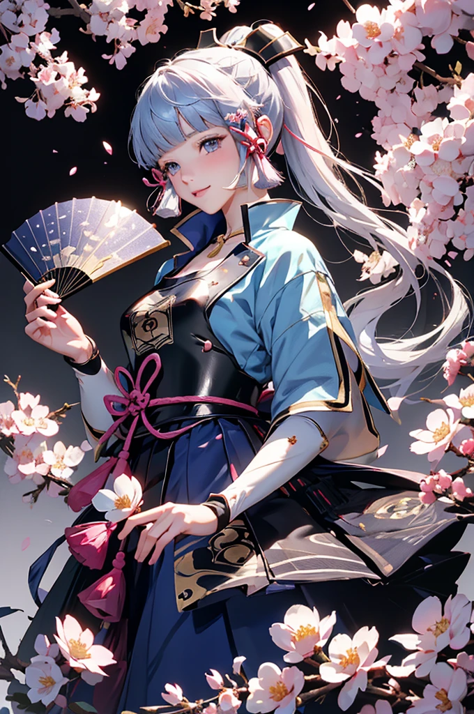 ((kamisatoayakadef)),1 Anime Girl, Warrior, Realistic people,Realistic, beautiful, smile, elegant, Majestic, Splash Art, Particles of light, Diamond Blade, Dynamic pose, ((fan、fanを持っている))((fanを広げる)),milky way, (Fractal Art:1.1),(Ice Flower:1.4), Most detailed,(抽象的なbackground:1.1), (Shiny skin), (Many colors:1.4), Ultra-high resolution,, masterpiece, Accurate, Anatomically correct, texture.(background:Cherry tree、Cherry Blossom、petal、Wind、旋Wind)
