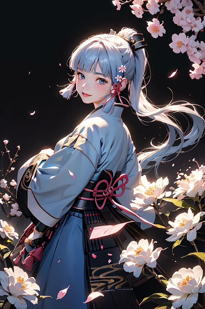 ((kamisatoayakadef)),1 Anime Girl, Warrior, Realistic people,Realistic, beautiful, smile, elegant, Majestic, Splash Art, Particles of light, Diamond Blade, Dynamic pose, ((fan、fanを持っている))((fanを広げる)),milky way, (Fractal Art:1.1),(Ice Flower:1.4), Most detailed,(抽象的なbackground:1.1), (Shiny skin), (Many colors:1.4), Ultra-high resolution,, masterpiece, Accurate, Anatomically correct, texture.(background:Cherry tree、Cherry Blossom、petal、Wind、旋Wind)