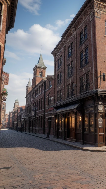 a provincial town in the 19th century, crossroads street, a bar, a hotel, (best quality,4k,8k,highres,masterpiece:1.2),ultra-detailed,(realistic,photorealistic,photo-realistic:1.37),detailed architecture, cobblestone streets, brick buildings, wood buildings, ornate facades, steam locomobiles