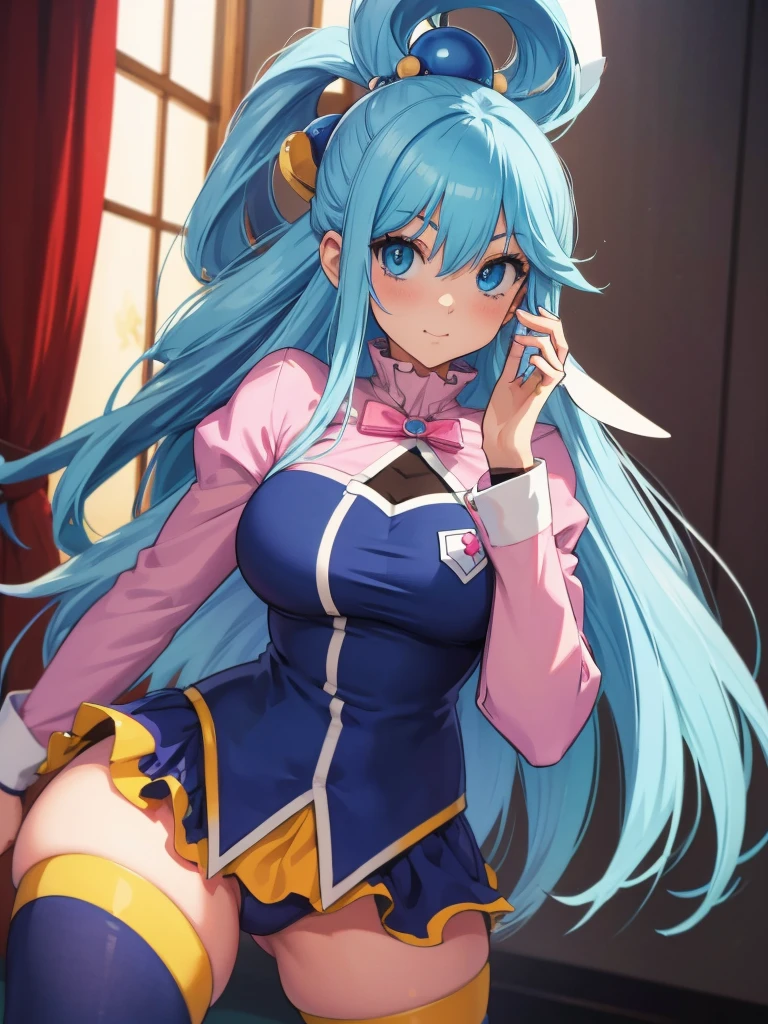 Best Image Quality, 8 k, high quality, masterpiece:1.2), ((masterpiece)), (high detail, high quality, Best Image Quality), solo, 1 girl, Konosuba ,aqua, detailed face, A smirk on his face,, looks at the viewer, detailed clothing, detailed fabric, Hair rings, nurse costume, pink suit, knee high stockings, big breasts, middle thighs, Bedroom, hands to the sides