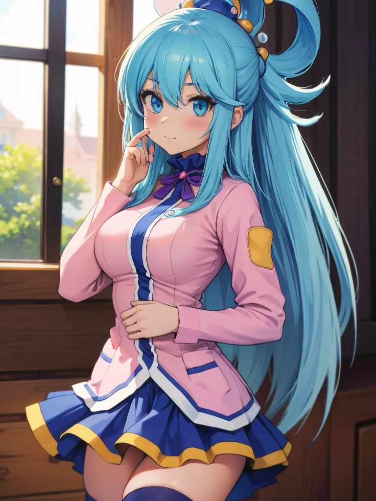 Best Image Quality, 8 k, high quality, masterpiece:1.2), ((masterpiece)), (high detail, high quality, Best Image Quality), solo, 1 girl, Konosuba ,aqua, detailed face, A smirk on his face,, looks at the viewer, detailed clothing, detailed fabric, Hair rings, nurse costume, pink suit, knee high stockings, big breasts, middle thighs, Bedroom, hands to the sides