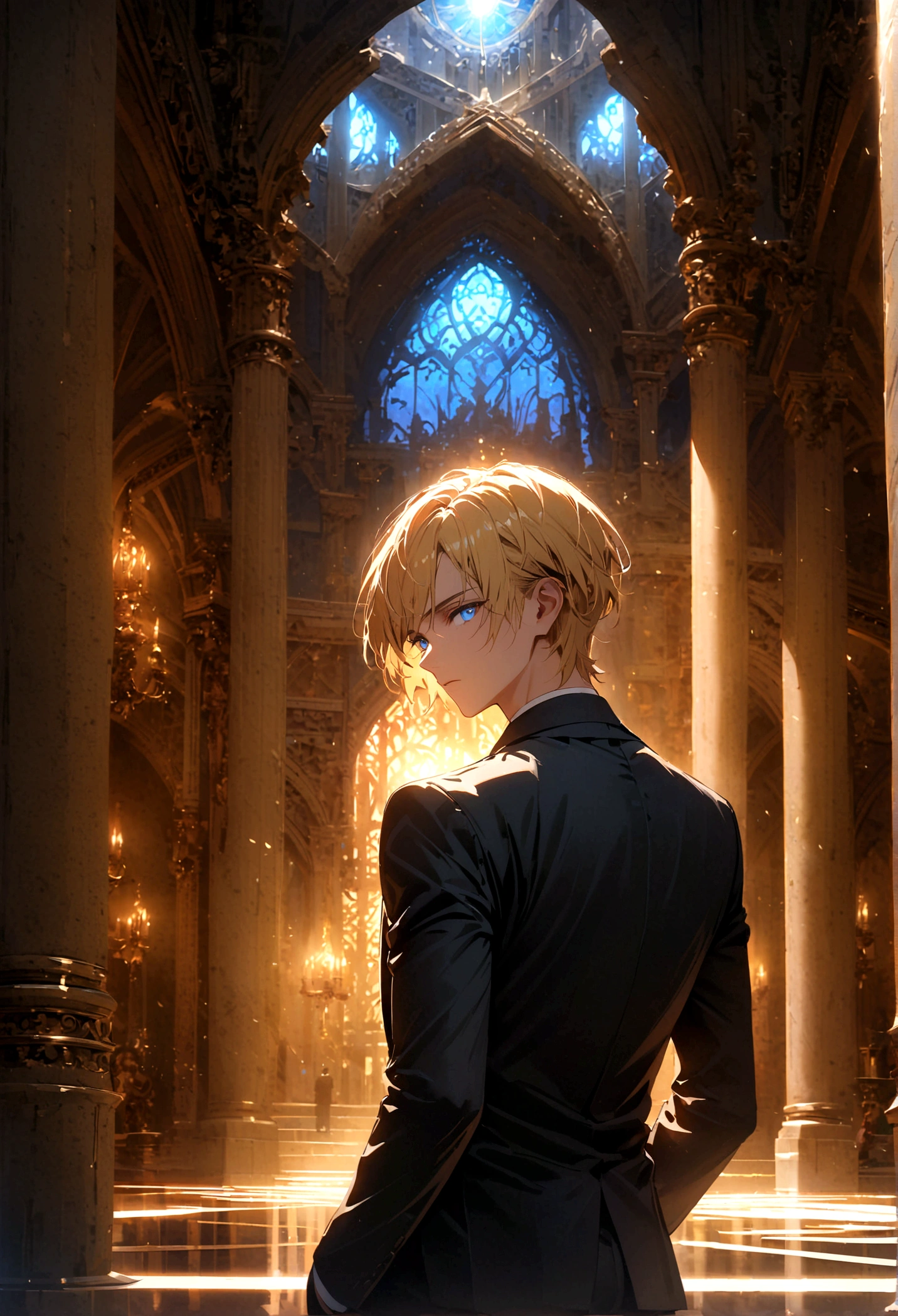 A young man with blond hair and blue eyes in a black suit turned his back and half his face in the middle of the palace at night.