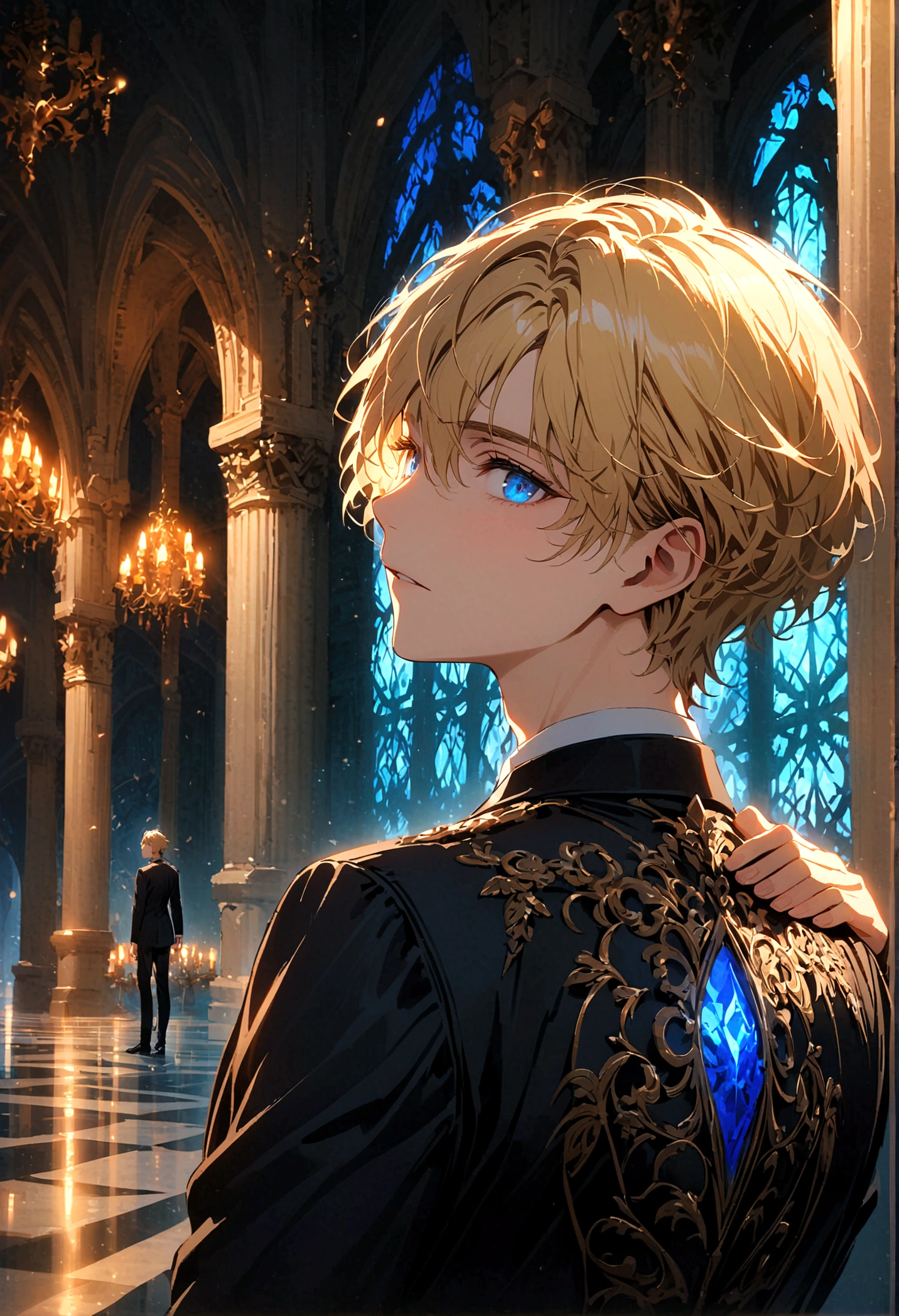 A young man with blond hair and blue eyes in a black suit turned his back and half his face in the middle of the palace at night.