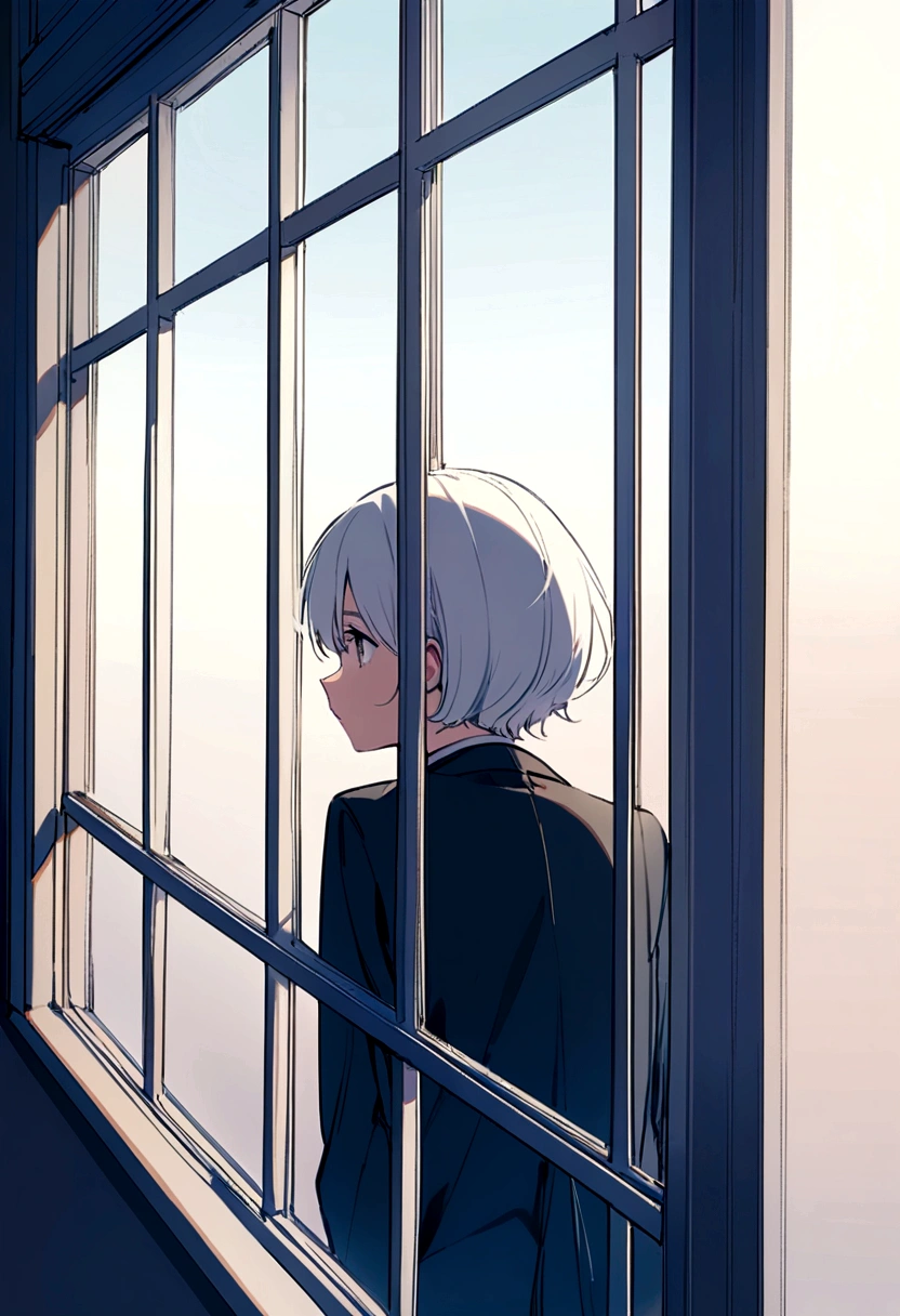 A white-haired   with his back turned, looking to a school from afar, leaning against the window, outside.