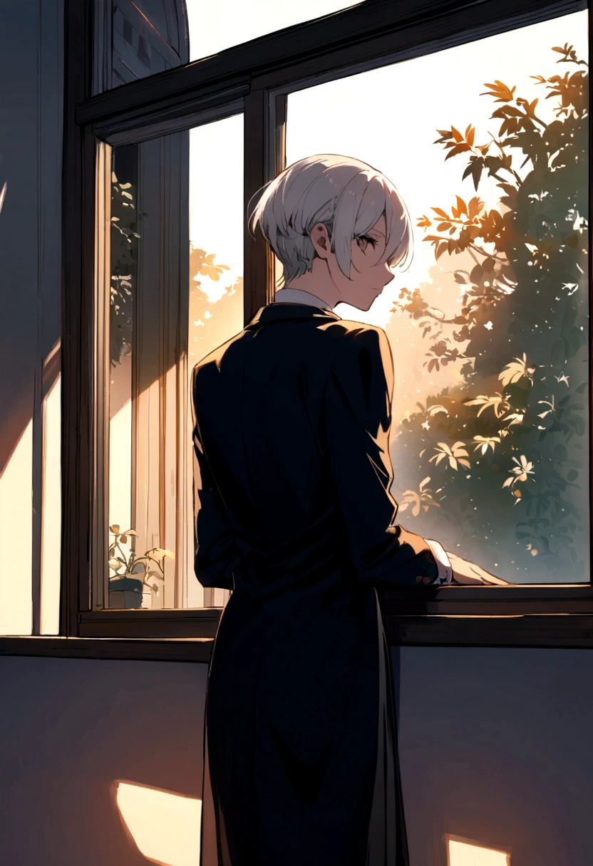 A white-haired with his back turned, looking to a school from afar, leaning against the window, outside.