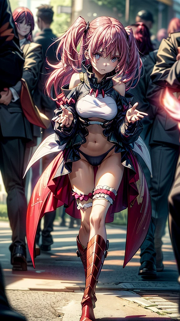 Masterpiece、最high quality、high quality、High definition、High resolution、High detail、Lens flare、Ray Tracing、high qualityなテクスチャー、high qualityな影、Beautiful details、Detailed explanation、Detailed texture、Realistic facial expression、Realistic and colorful、Slender、Cinematic Light、Side light、Sharp Focus、(1 Female:1.3)、(Intricate detailakeup、Pure Eros Face_v1:0.5)、(Details Beautiful delicate face、Detailed beautiful delicate eyes、Perfect Facial Proportions、Detailed skin、Charm)、Fancy Twin Tails、Beautiful bangs、(Pink and red gradient hair color)、slender、(Large upward-facing breasts)、(Detailed crotch、V-Cut、High Leg、Thong)、Thighs、Dress shirt、Removing the Sleeve、boots、Provocative attitude、Release your knees、Leg spread、Raise your arms、Low-angle composition、(Take a deep breath、Work on this image step by step)
