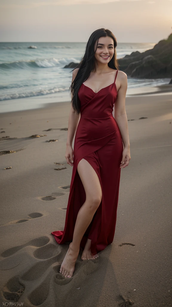 a woman, elegant, with half-long black hair, dressed in a red dress, sexy, also on a beach, realistic , smiling, 9:16 aspect ratio, nice , hyper-realistic image that could be mistaken for a real photograph