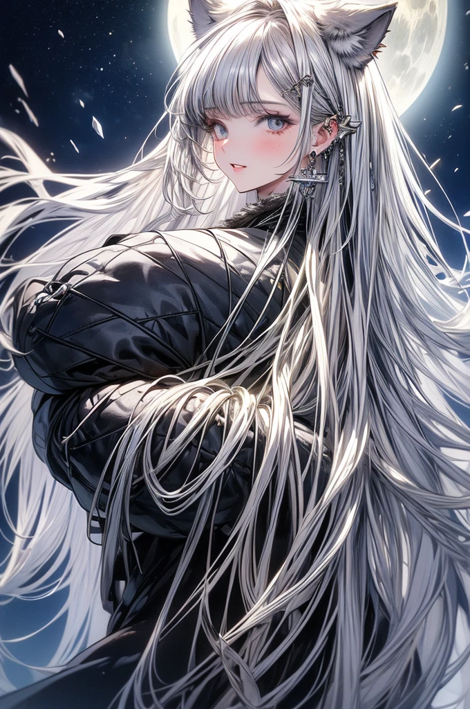 ((masterpiece, Highest quality)),Ultra-high resolution, (realism: 1.4),Best illustrations,Line art,Very condensed adult female,Delicate and beautiful features,Slit eyes,Sharp face,Very detailed white coat,Silver Hair,Wolf ears,Big tail,Fantasy,Roaring against the backdrop of the full moon and wilderness,Roaring Woman,Double teeth,wide aperture,Unreal 5,Scattered beneath the surface,Anatomically correct,Low angle full body shot