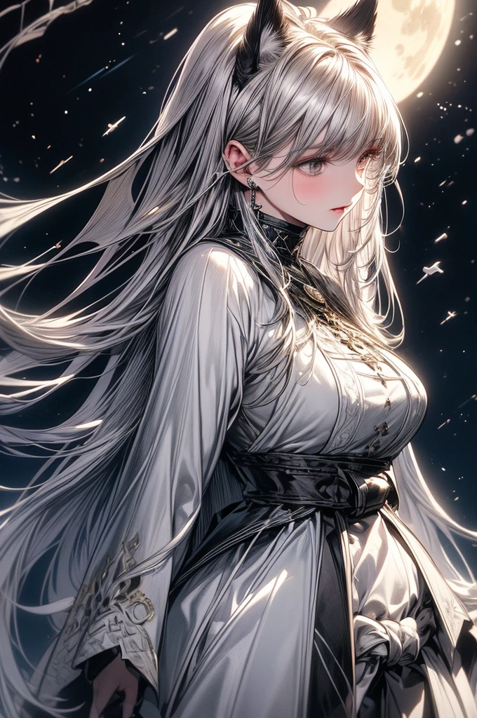 ((masterpiece, Highest quality)),Ultra-high resolution, (realism: 1.4),Best illustrations,Line art,Very condensed adult female,Delicate and beautiful features,Slit eyes,Sharp face,Very detailed white coat,Silver Hair,Wolf ears,Big tail,Fantasy,Roaring against the backdrop of the full moon and wilderness,Roaring Woman,Double teeth,wide aperture,Unreal 5,Scattered beneath the surface,Anatomically correct,Low angle full body shot