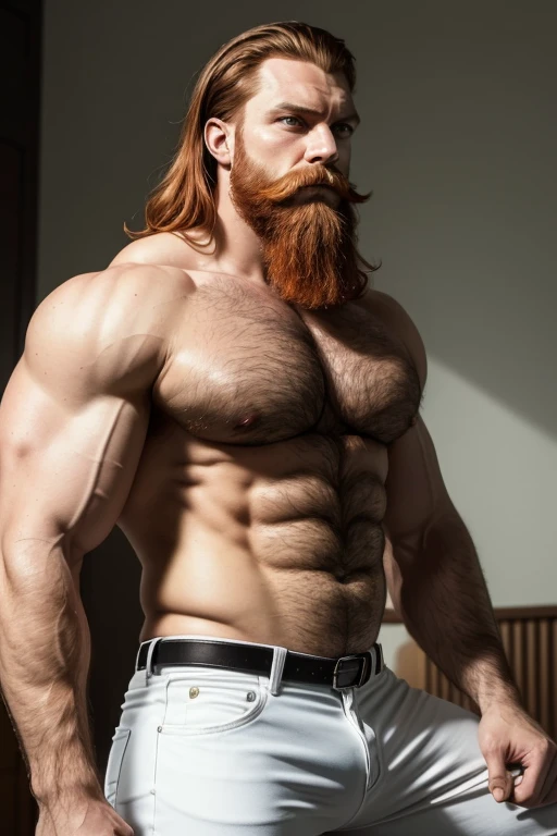 Masterpiece, Best Quality, Ultra-Detailed, muscular, bearded, thick mustache, imposing man [intense look], Intimidating presence, male figure,[imposing shadows],gritty realism, extreme detailed description, wide shoulders, green eyes, detailed eyes, brilliant eyes, handsome eyes, red hair, ginger hair, ginger beard, [chin stubble], imposing silhouette, bright colors, distinctive beard style, sharp focus, Unyielding pose, sense of authority, white jeans  (((lay down))) (((backside)))
View from behind