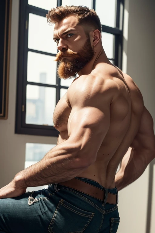 Masterpiece, Best Quality, Ultra-Detailed, muscular, bearded, thick mustache, imposing man [intense look], Intimidating presence, male figure,[imposing shadows],gritty realism, extreme detailed description, wide shoulders, green eyes, detailed eyes, brilliant eyes, handsome eyes, red hair, ginger hair, ginger beard, [chin stubble], imposing silhouette, bright colors, distinctive beard style, sharp focus, Unyielding pose, sense of authority, white jeans  (((lay down))) (((backside)))
View from behind