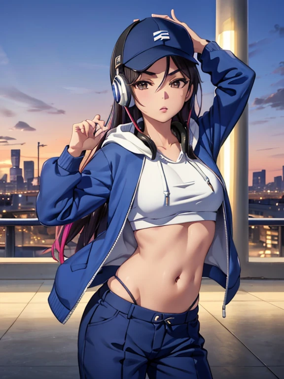 pixel perfect, Perfect in every detail, alone, 1 girl, Seiri Fukiyose, medium chest ,hip hop dancer style,cap,headphones on the neck,pants,Hoodie,Colorful shirts,belly button,natural lip,city,evening,ELEGANT POSE,elegant angle,looking at the viewer,In the center of the image,cowboy shot,alone,