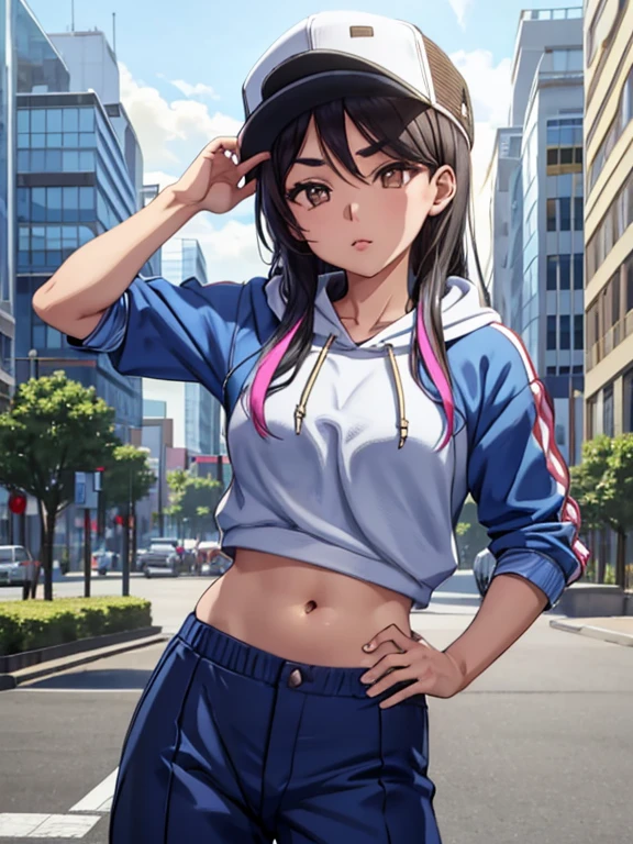 pixel perfect, Perfect in every detail, alone, 1 girl, Seiri Fukiyose, medium chest ,hip hop dancer style,cap,headphones on the neck,pants,Hoodie,Colorful shirts,belly button,natural lip,city,evening,ELEGANT POSE,elegant angle,looking at the viewer,In the center of the image,cowboy shot,alone,