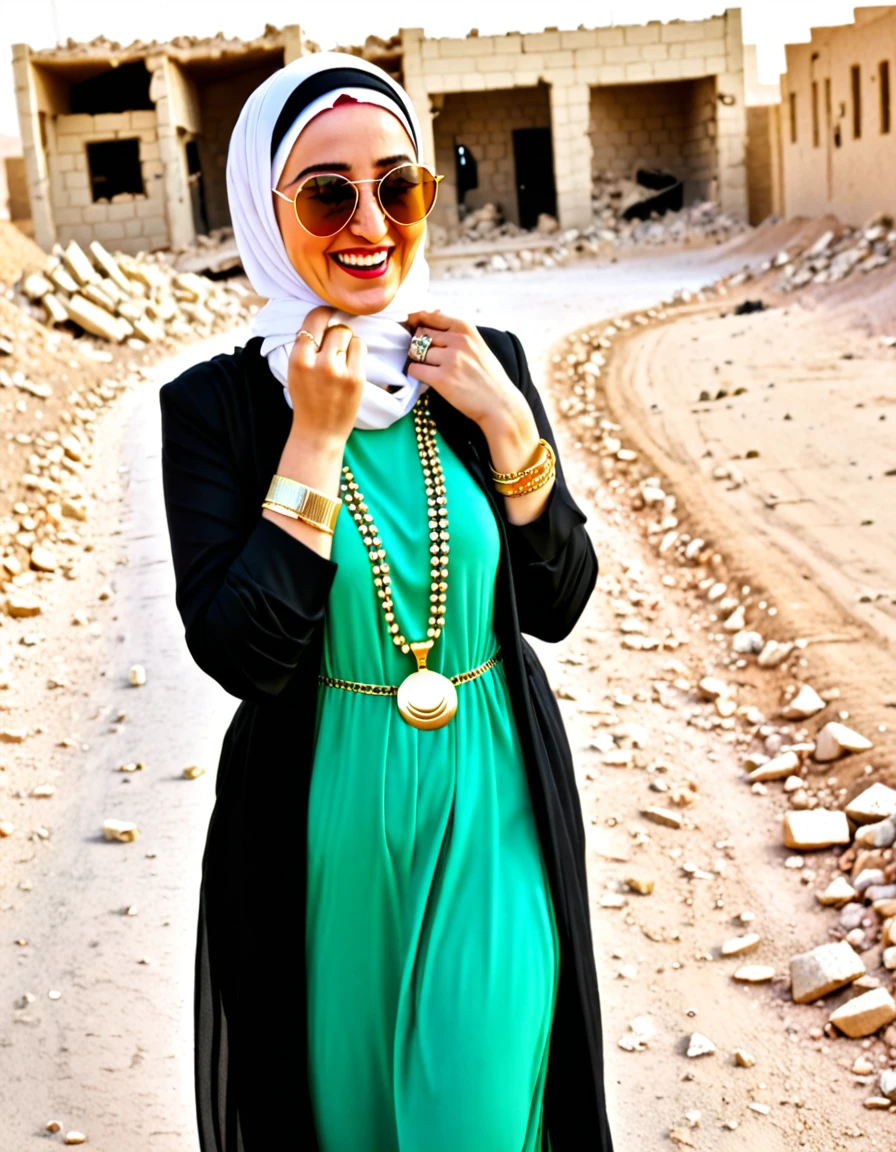 Pale skin Kurdish sunglasses woman in hijab standing in demolished street desert laughing thumb sign Golden necklace bracelet