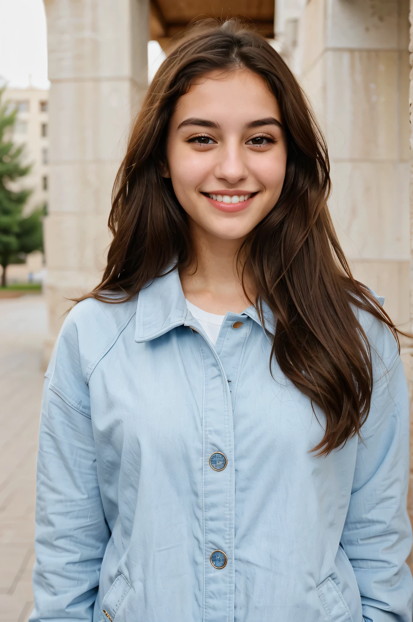 one cute women, 20YO, white, Arab, cute face, realistic brown eyes, blue jacket, brown hair, cute smile, skinny face, white realistic teethes, big eyes, long hair