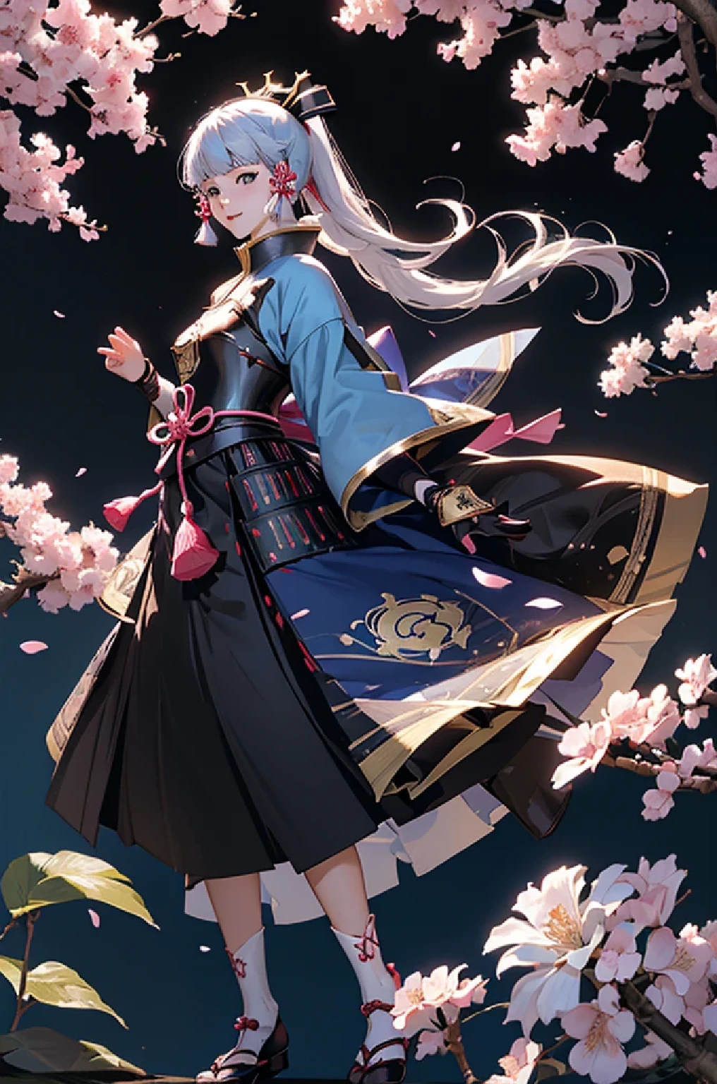 ((kamisatoayakadef)),1 Anime Girl, Warrior, Realistic people,Realistic, beautiful, smile, elegant, Majestic, Splash Art, Particles of light, Diamond Blade, Dynamic pose, ((fan、Have a fan))((Expand your fan base)),milky way, (Fractal Art:1.1),(Ice Flower:1.4), Most detailed,(Abstract background:1.1), (Shiny skin), (Many colors:1.4), Ultra-high resolution,, masterpiece, Accurate, Anatomically correct, texture.(background:Cherry tree、Cherry Blossom、petal、wind、旋wind)