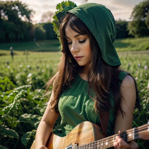 Kale, beautiful girl, hat covering eyes, funny fingers, Make-up natural, in a dress made of plants, colors, plays guitar, field with lights, hyper detail, mystical light light
