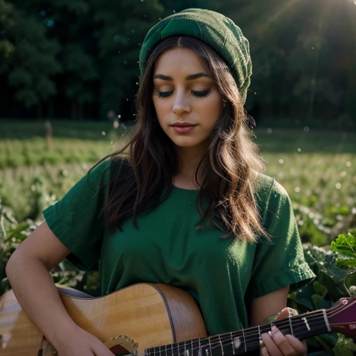 Kale, beautiful girl, hat covering eyes, funny fingers, Make-up natural, in a dress made of plants, colors, plays guitar, field with lights, hyper detail, mystical light light