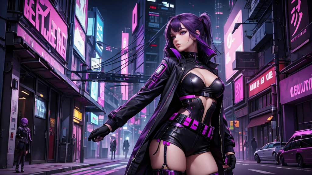 High quality, une fille, in profile, elle tient un revolver dans la main, she aims, purple hair, cyberpunk style, une jupe courte, des collants noirs troué, the background is single color in red