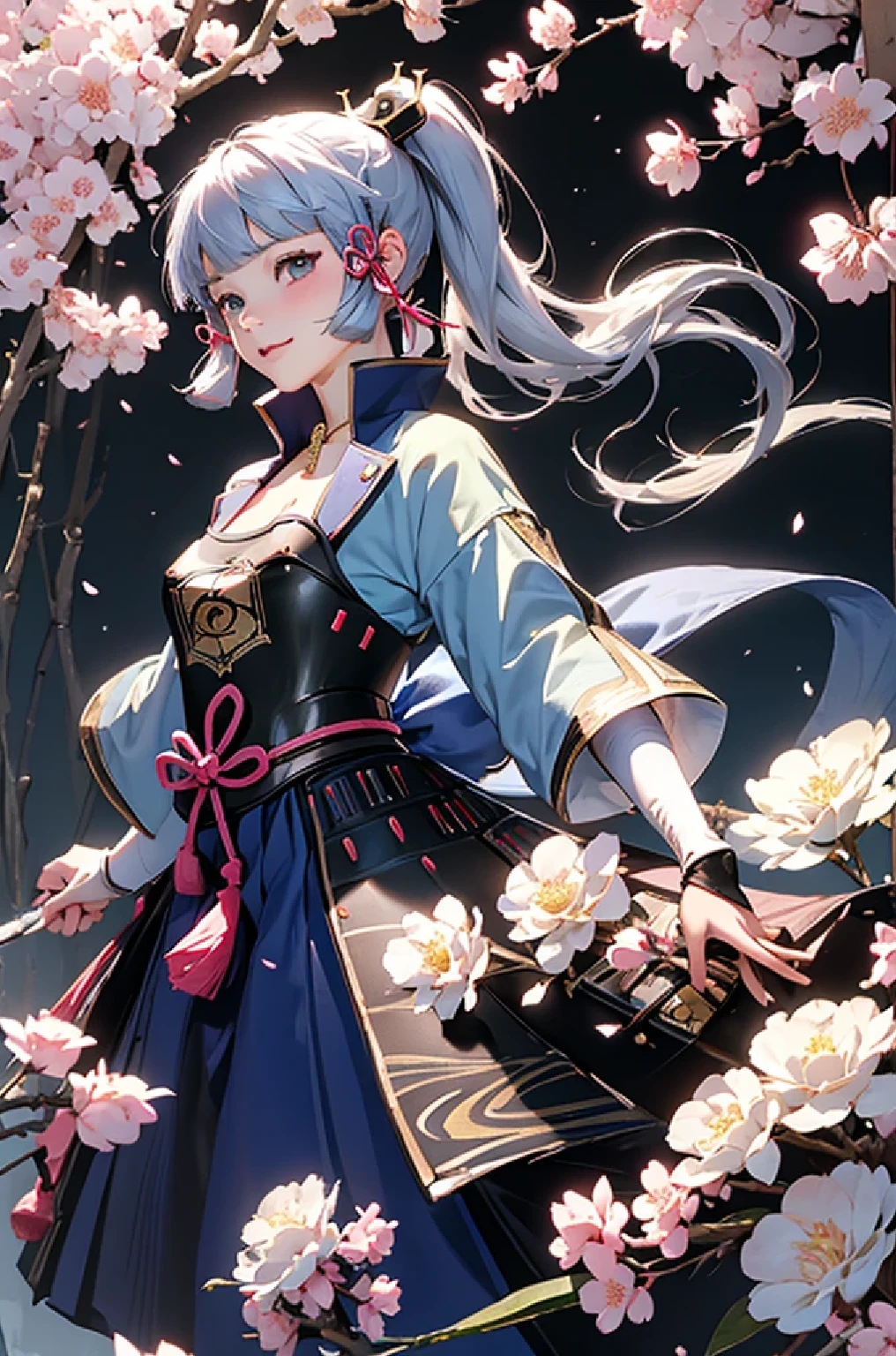 ((kamisatoayakadef)),1 Anime Girl, Warrior, Realistic people,Realistic, beautiful, smile, elegant, Majestic, Splash Art, Particles of light, Diamond Blade, Dynamic pose, ((fan、Have a fan))((Expand your fan base)),milky way, (Fractal Art:1.1),(Ice Flower:1.4), Most detailed,(Abstract background:1.1), (Shiny skin), (Many colors:1.4), Ultra-high resolution,, masterpiece, Accurate, Anatomically correct, texture.(background:Cherry tree、Cherry Blossom、petal、wind、旋wind)
