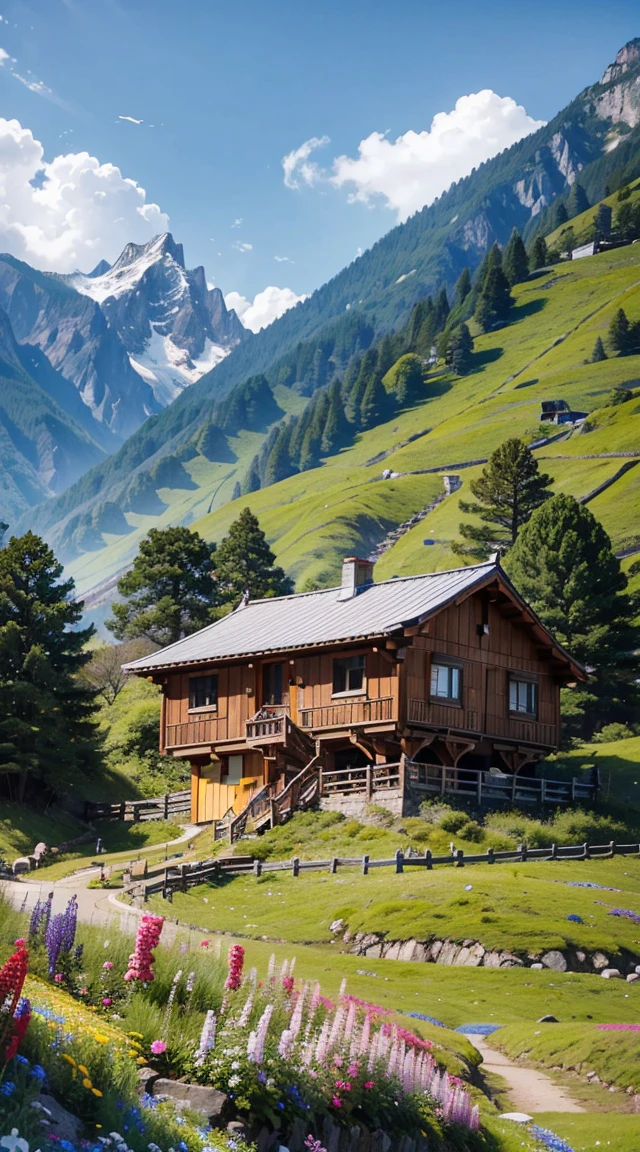 masutepiece、top-quality、A hyper-realistic、Photorealsitic、Climbers looking up at the mountain huts that stand along the mountainside on the steep summer mountain cliffs、Log Houses、Many colorful flowers of the season are in full bloom