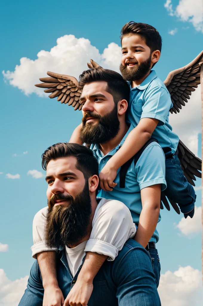 A cartoon of a bearded man on his back carrying a three year old male with little angel wings with sky background