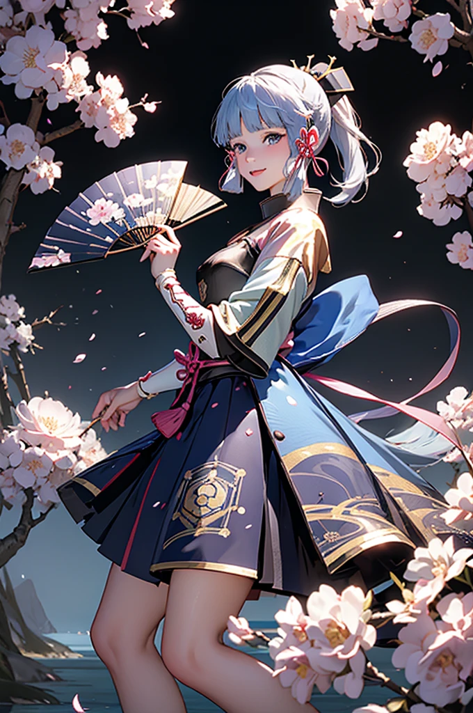 ((kamisatoayakadef)),1 Anime Girl, Warrior, Realistic people,Realistic, beautiful, smile, elegant, Majestic, Splash Art, Particles of light, Diamond Blade, Dynamic pose, ((fan、fanを持っている))((fanを広げる)),milky way, (Fractal Art:1.1),(Ice Flower:1.4), Most detailed,(抽象的なbackground:1.1), (Shiny skin), (Many colors:1.4), Ultra-high resolution,, masterpiece, Accurate, Anatomically correct, texture.(background:Cherry tree、Cherry Blossom、petal、Wind、旋Wind)