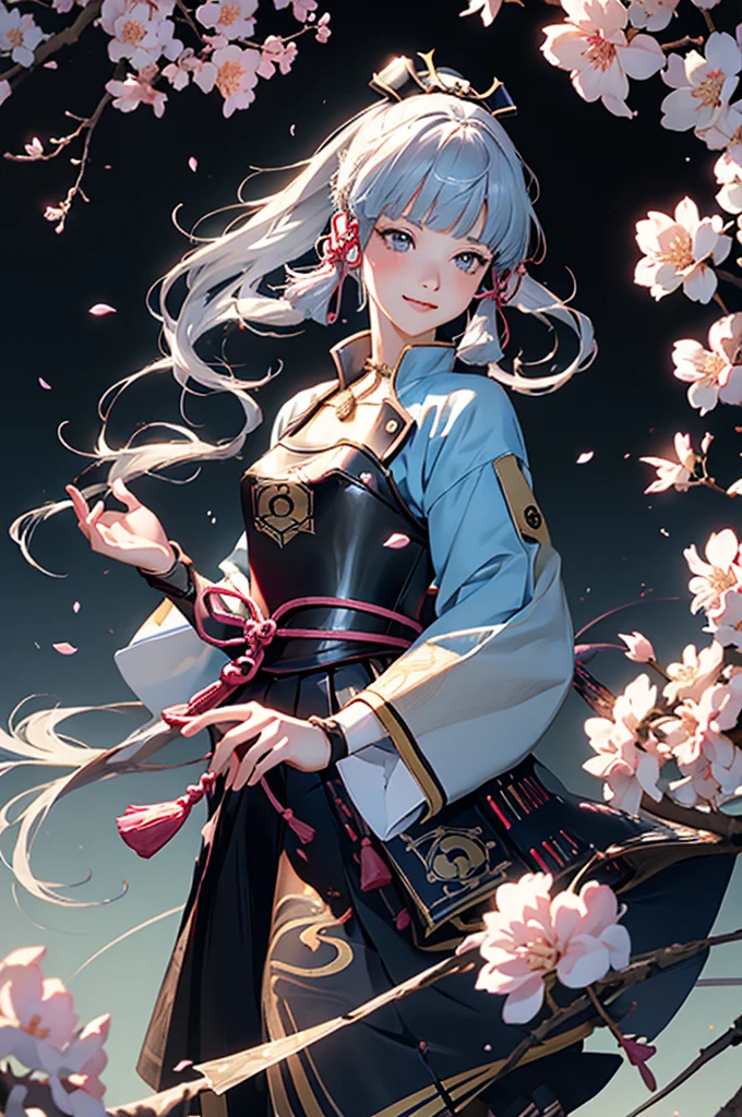 ((kamisatoayakadef)),1 Anime Girl, Warrior, Realistic people,Realistic, beautiful, smile, elegant, Majestic, Splash Art, Particles of light, Diamond Blade, Dynamic pose, ((fan、fanを持っている))((fanを広げる)),milky way, (Fractal Art:1.1),(Ice Flower:1.4), Most detailed,(抽象的なbackground:1.1), (Shiny skin), (Many colors:1.4), Ultra-high resolution,, masterpiece, Accurate, Anatomically correct, texture.(background:Cherry tree、Cherry Blossom、petal、Wind、旋Wind)