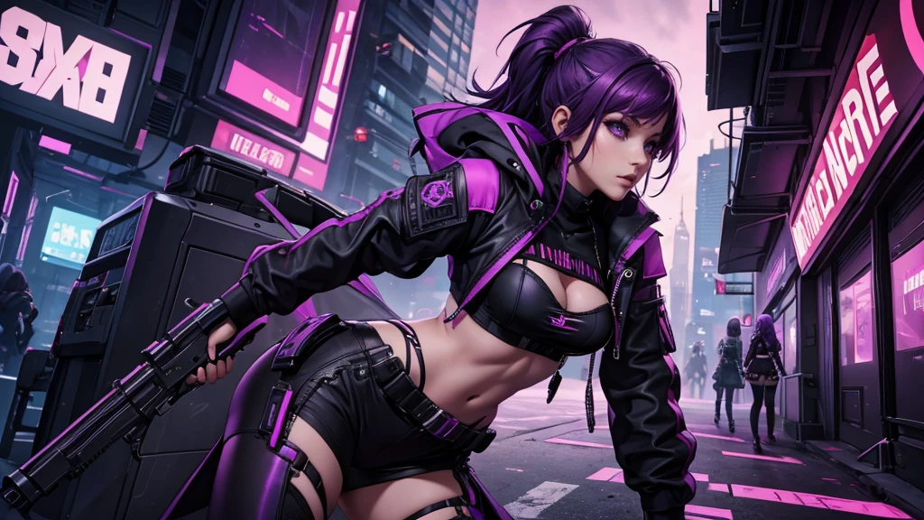 High quality, une fille, in profile, elle tient un revolver dans la main, she aims, purple hair, cyberpunk style, une jupe courte, des collants noirs troué, the background is single color in red