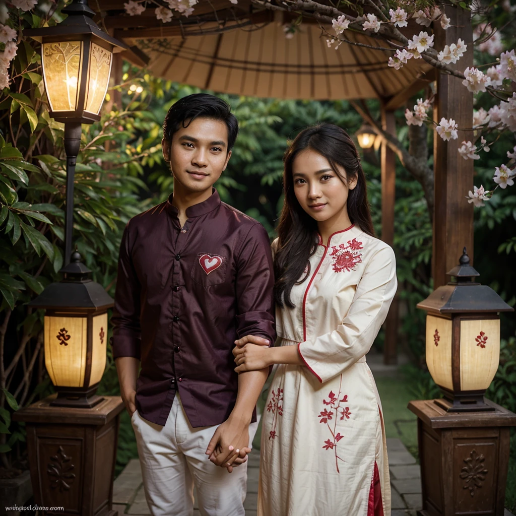 photography, this couple young Indonesian have a clean face, wear batik javanese ordinary pre-wedding clothes, standing and holding hands intimately , a little smile ,dramatically, indicating dramatic art, dark violet and red decorated green lush leaves cherry blossom tree pots on the right and left side, lantern heart shaped, text tittle the name "PUTRA & AYU", letters are on red white heart logo behind them, use unique and latin font, a little dim light