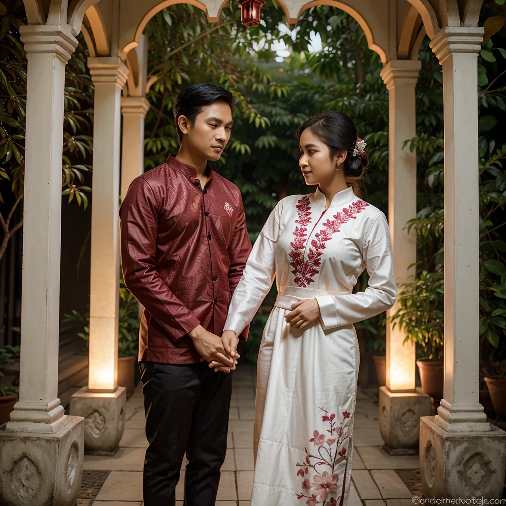 photography, this couple young Indonesian have a clean face, wear batik javanese ordinary pre-wedding clothes, standing and holding hands intimately , a little smile ,dramatically, indicating dramatic art, dark violet and red decorated green lush leaves cherry blossom tree pots on the right and left side, lantern heart shaped, text tittle the name "PUTRA & AYU", letters are on red white heart logo behind them, use unique and latin font, a little dim light