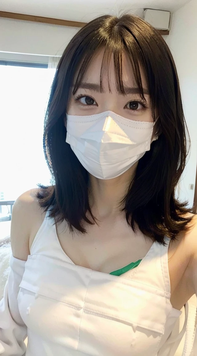 ((Medium Hair、Wearing a white mask:1.5)、(Highest quality、、32k、masterpiece、Best Quality))、Japanese、Very cute 、underwear、room、Selfie、Small breasts