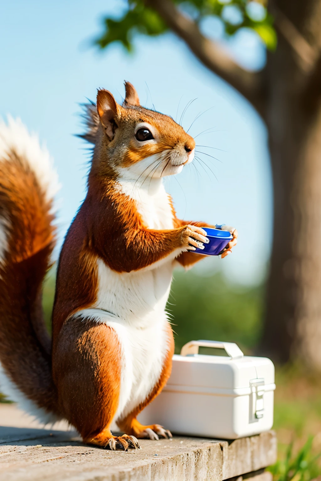 Illustration of a squirrel wearing a white coat carrying medicine