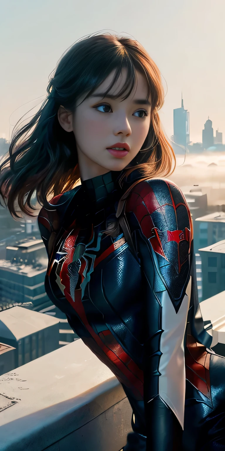 (1girl:1.3), Solo, (((Very detailed face)))), ((Very detailed eyes and face)))), Beautiful detail eyes, Body parts__, Official art, Unified 8k wallpaper, Super detailed, beautiful and beautiful, beautiful, masterpiece, best quality, original, masterpiece, super fine photo, best quality, super high resolution, realistic realism, sunlight, full body portrait, amazing beauty, dynamic pose, delicate face, vibrant eyes, (from the front), She wears Spider-Man suit, red and black color scheme, spider, very detailed city roof background, rooftop, overlooking the city, detailed face, detailed complex busy background, messy, gorgeous, milky white, highly detailed skin, realistic skin details, visible pores, clear focus, volumetric fog, 8k uhd, DSLR, high quality, film grain, fair skin, photo realism, lomography, futuristic dystopian megalopolis, translucent