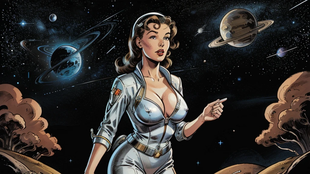 1950s retro comic, slender space girl (realistic proportions) with a close-fitting astronaut suit, cleavage, she looks at the camera, background: planets, nebula, stars, spaceships