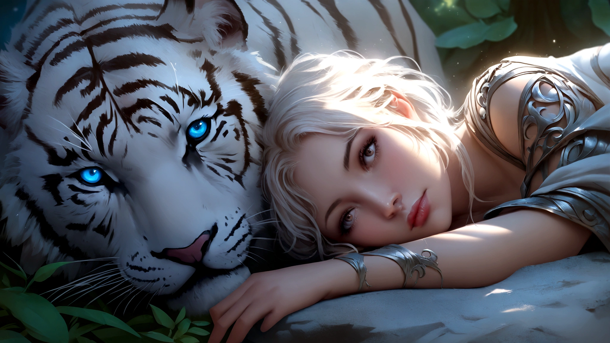 blond woman laying on a rock with a white tiger, stunning digital illustration, realistic fantasy illustration, devianart and cgsociety, graphic artist magali villeneuve, beautiful digital artwork, 4k highly detailed digital art, exquisite digital illustration, stunning cgsociety, fantasy art style, fantasy art behance, hyperrealistic fantasy art, beautiful digital illustration
