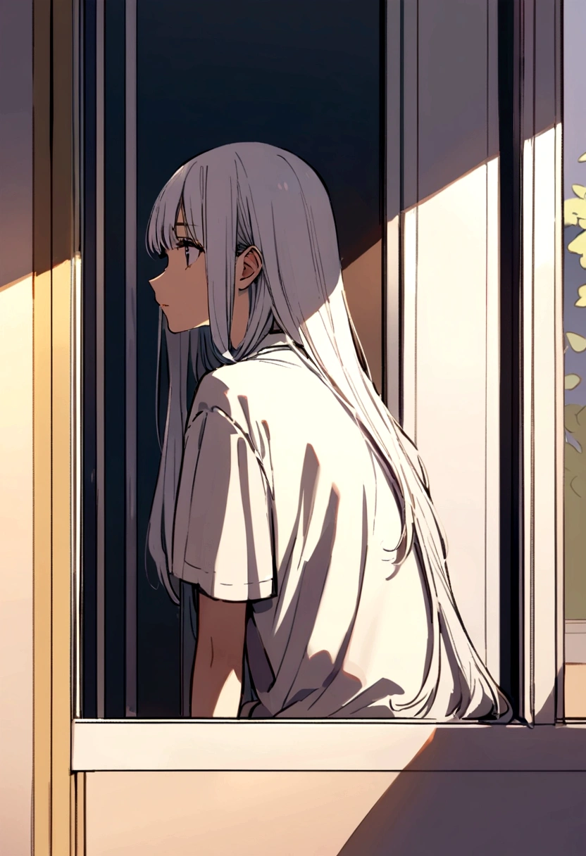 A , white long hair, with his back turned, looking to a school from afar, leaning against the window, outside.