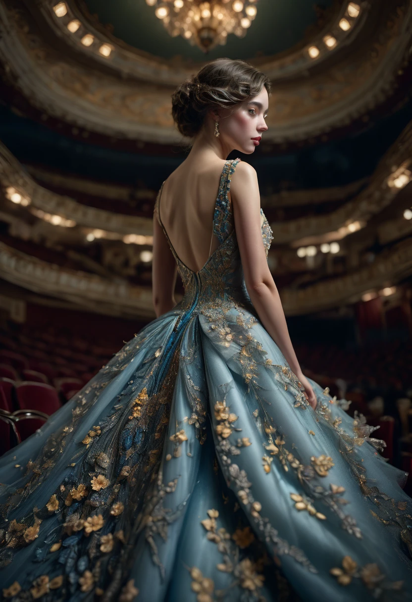 Evening Dress, theater, by Bill Durgin, RAWphoto, 35mm photograph, bokeh, best quality, masterpiece, very aesthetic, perfect composition, intricate details, ultra-detailed
