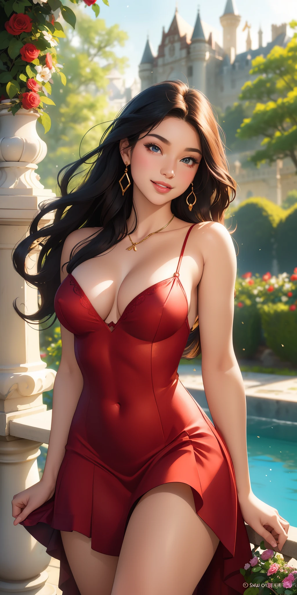 (best quality, ultra-detailed, photorealistic: 1.39), Face of naughty 19 year old ager, bright and vibrant colors, studio lighting, romantic expression, Perfect medium breasts, red dress with white details, with strap around the neck, golden shine on the dress, elegant makeup, long black hair flowing in the wind, attractive eyes, lips bright, sexy pose, beautiful roses, smiling confidently and seductively, posing for a professional photo shoot, shallow depth of field, soft natural lighting, creating a dreamy and magical atmosphere, castle balcony, garden in the distance