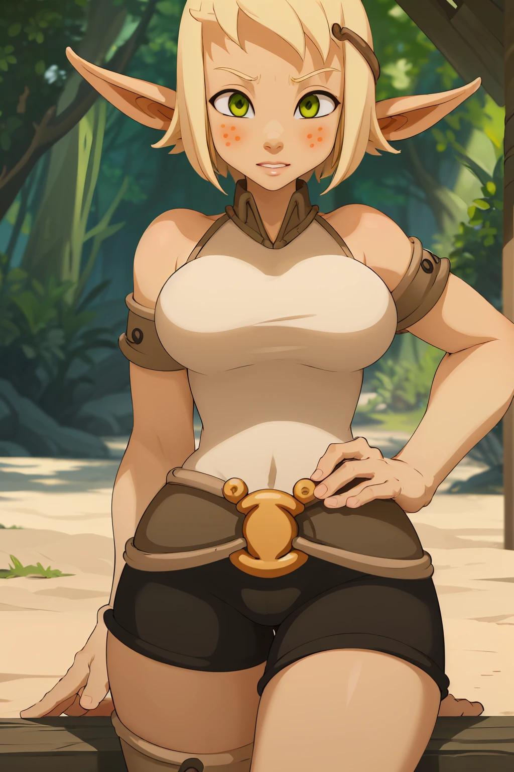 ((ultra quality)), ((masterpiece)), Evangelyne - Wakfu, Wakfu style, ((blonde short hair, evangelina hairstyle)), (Beautiful face), (beautiful female lips), (elven long ears), charming, ((sexy facial expression)), looks at the camera, eyes slightly open, (skin color white), (White skin), glare on the body, ((detailed beautiful female eyes)), ((dark green eyes)), (juicy female lips), (dark eyeliner), (beautiful female hands), ((ideal female figure)), ideal female body, beautiful waist, gorgeous thighs, beautiful large breasts, ((subtle and beautiful)), sexy sits (close up of face), (black clothes Evangelyne - wakfu season 1, clothes from the first season of the animated series, white top) background: the forest, ((depth of field)), ((high quality clear image)), (clear details), ((high detail)), realistically, professional photo session, ((Clear Focus)), anime