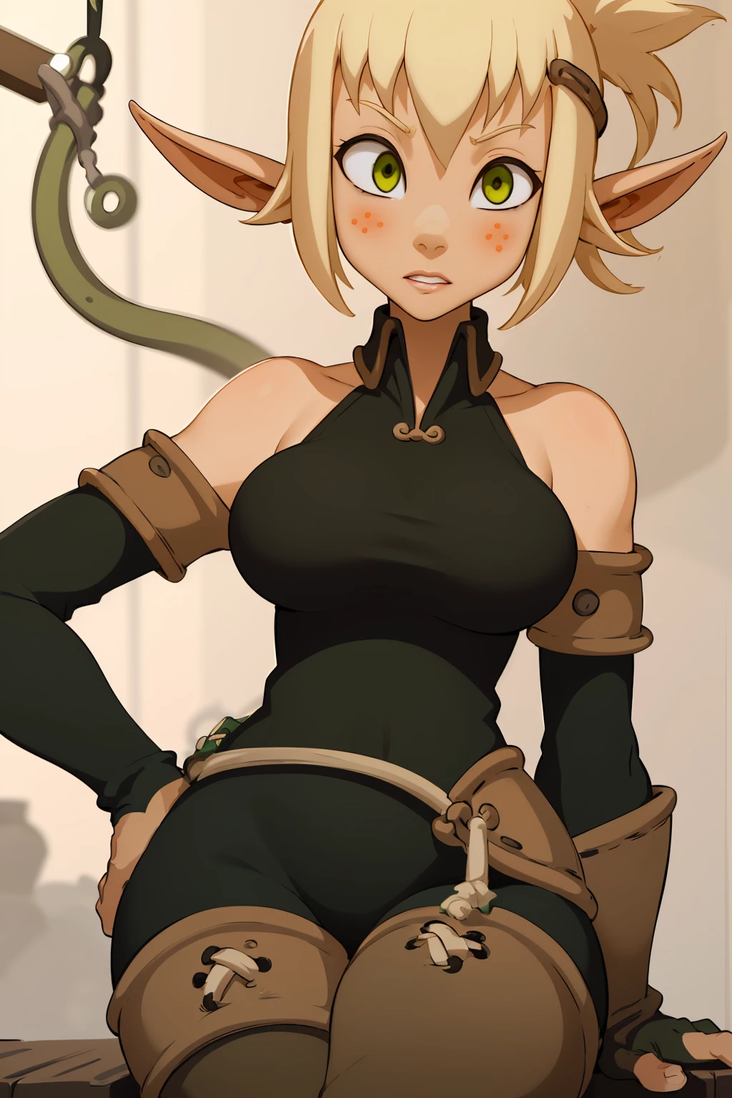 ((ultra quality)), ((masterpiece)), Evangelyne - Wakfu, Wakfu style, ((blonde short hair, evangelina hairstyle)), (Beautiful face), (beautiful female lips), (elven long ears), charming, ((sexy facial expression)), looks at the camera, eyes slightly open, (skin color white), (White skin), glare on the body, ((detailed beautiful female eyes)), ((dark green eyes)), (juicy female lips), (dark eyeliner), (beautiful female hands), ((ideal female figure)), ideal female body, beautiful waist, gorgeous thighs, beautiful large breasts, ((subtle and beautiful)), sexy sits (close up of face), (black clothes Evangelyne - wakfu season 1, clothes from the first season of the animated series, white top) background: the forest, ((depth of field)), ((high quality clear image)), (clear details), ((high detail)), realistically, professional photo session, ((Clear Focus)), anime