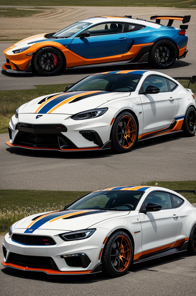 Create a sports car with four doors, a medium aileron, aggressive lights, very aerodynamic lines, with medium large tires, white and blue with orange stripes