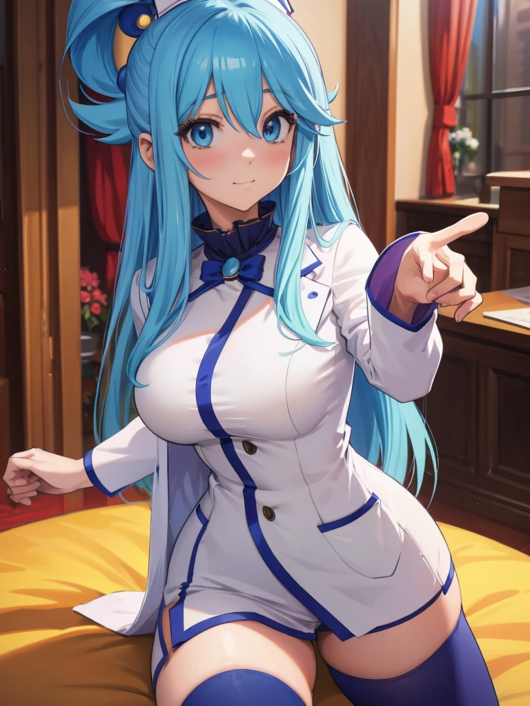 Best Image Quality, 8 k, high quality, masterpiece:1.2), ((masterpiece)), (high detail, high quality, Best Image Quality), solo, 1 girl, Konosuba ,aqua, detailed face, A smirk on his face,, looks at the viewer, detailed clothing, detailed fabric, Hair rings, nurse costume, pink suit, white suit, robe, knee high stockings, big breasts, middle thighs, Bedroom, hands to the sides