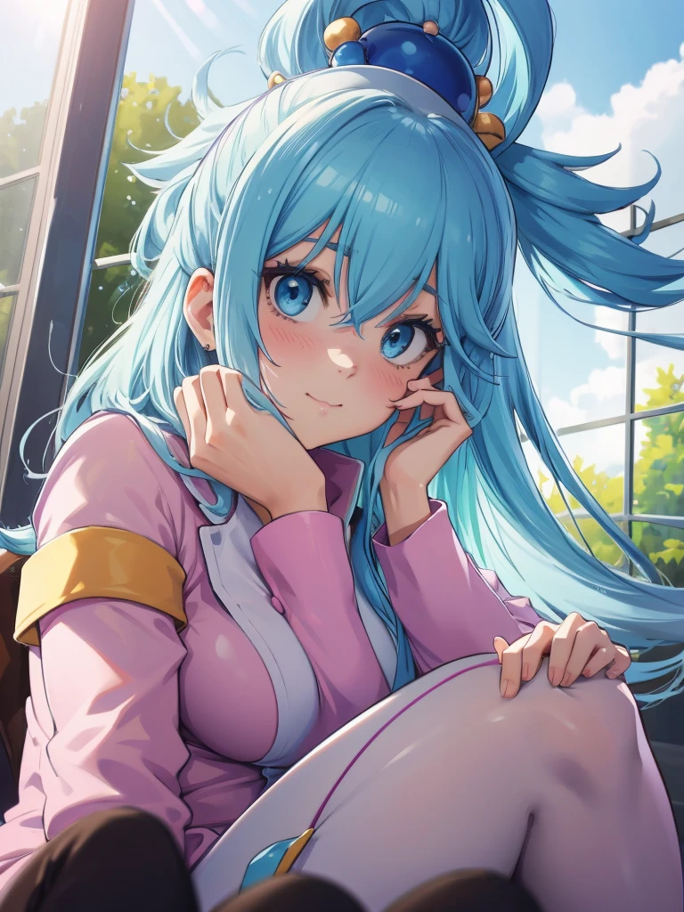 Best Image Quality, 8 k, high quality, masterpiece:1.2), ((masterpiece)), (high detail, high quality, Best Image Quality), solo, 1 girl, Konosuba ,aqua, detailed face, A smirk on his face,, looks at the viewer, detailed clothing, detailed fabric, Hair rings, nurse costume, pink suit, white suit, robe, knee high stockings, big breasts, middle thighs, Bedroom, hands to the sides