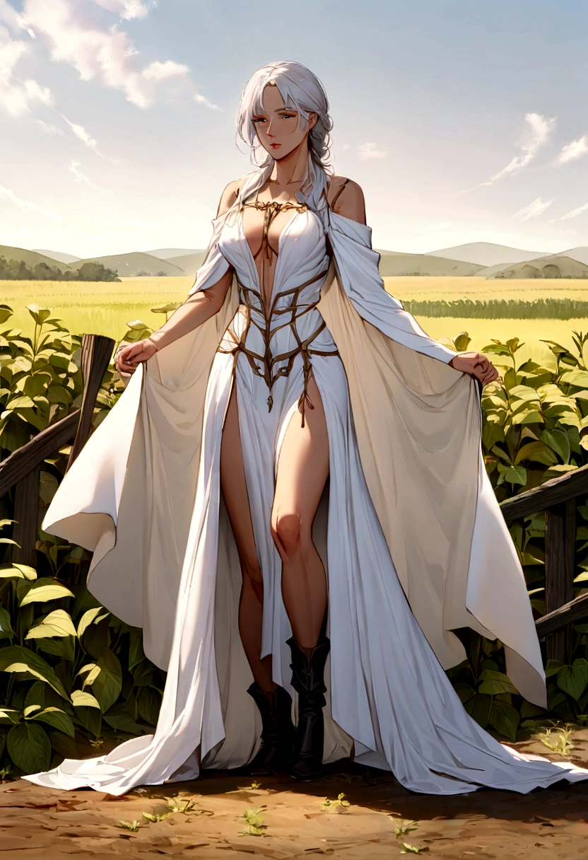Capture the poignant transformation of a mature Eren Yeager at 40, compelled by circumstances to adopt a life as a woman after being captured by the enemy. Placed against a farm backdrop with crops stretching into the distance, she stands confidently in a plain, short, one-piece dress with thin straps and a deep neckline. The dress, symbolizing acceptance, complements her battle-worn boots. Highlight her mature physique, including a developed chest and white hairs, portraying the passage of time. Convey the complexities of her gaze, telling the story of a warrior who has faced challenges with unwavering resolve