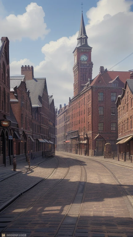 a provincial town in the 19th century, crossroads street, a bar, a hotel, (best quality,4k,8k,highres,masterpiece:1.2),ultra-detailed,(realistic,photorealistic,photo-realistic:1.37),detailed architecture, cobblestone streets, brick buildings, wood buildings, ornate facades, steam locomobiles